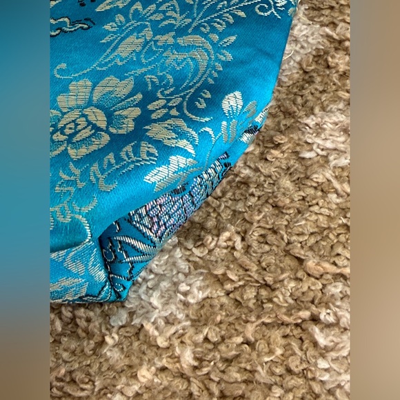 Elegant Blue Gold Brocade Tote Bag Bamboo Wooden Ring Handles Statement - Picture 7 of 8